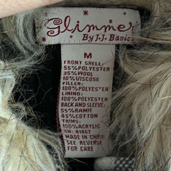 GLIMMER Black Plaid Button Front Hooded Faux Fur Wool Blend Tie Jacket Size M - Picture 5 of 7